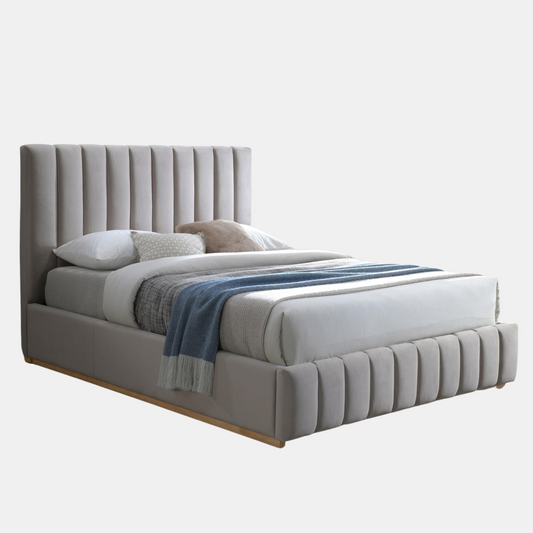 Modern bed frame in Plush Platinum with natural timber base