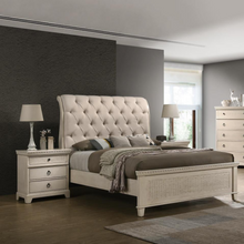 Load image into Gallery viewer, White timber bedframe with upholstered bedhead and cane feature foot