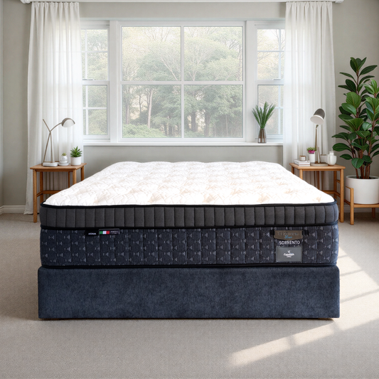 Platinum Luxe Sorrento mattress in bedroom setting, premium pocket spring mattress with cooling fabric and plush comfort surface