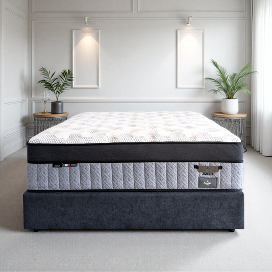 Front view of Platinum Luxe Amalfi mattress with zoned pocket spring support, breathable surface and structured medium firm feel