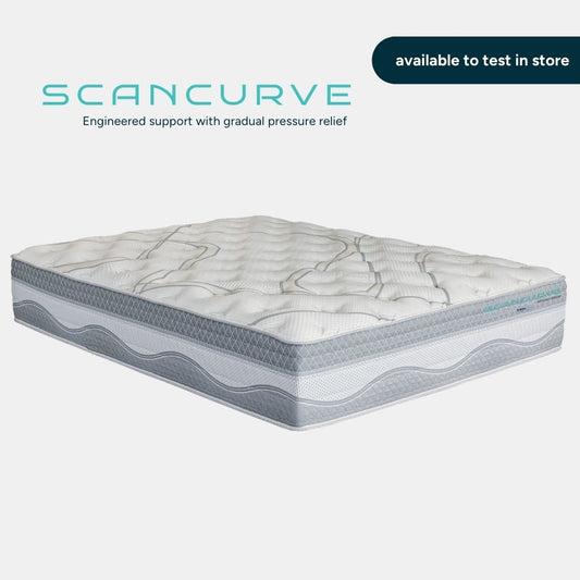 Scancurve mattress shown from an angled view, highlighting the quilted sleep surface and overall mattress design, available to test in store at Sleepdoctor.