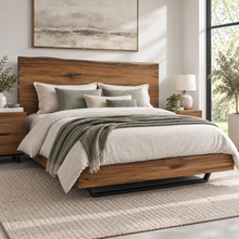 Load image into Gallery viewer, A modern platform bed with a rich wood headboard and footboard, styled with neutral linens, green accent pillows, and a textured throw blanket, set in a bright, contemporary bedroom.