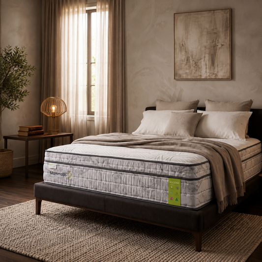 A mattress on a dark upholstered bed frame in a styled bedroom setting with beige walls, curtains, a side table, and a woven rug.