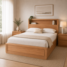 Load image into Gallery viewer, A modern platform bed with a light oak wood frame and integrated headboard shelves, styled with white bedding and a beige throw blanket in a bright, minimalist bedroom.