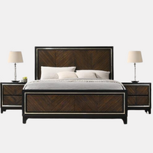 Load image into Gallery viewer, Modern oak veneer bedframe finished in a dark stain with black frame and silver edge highlights