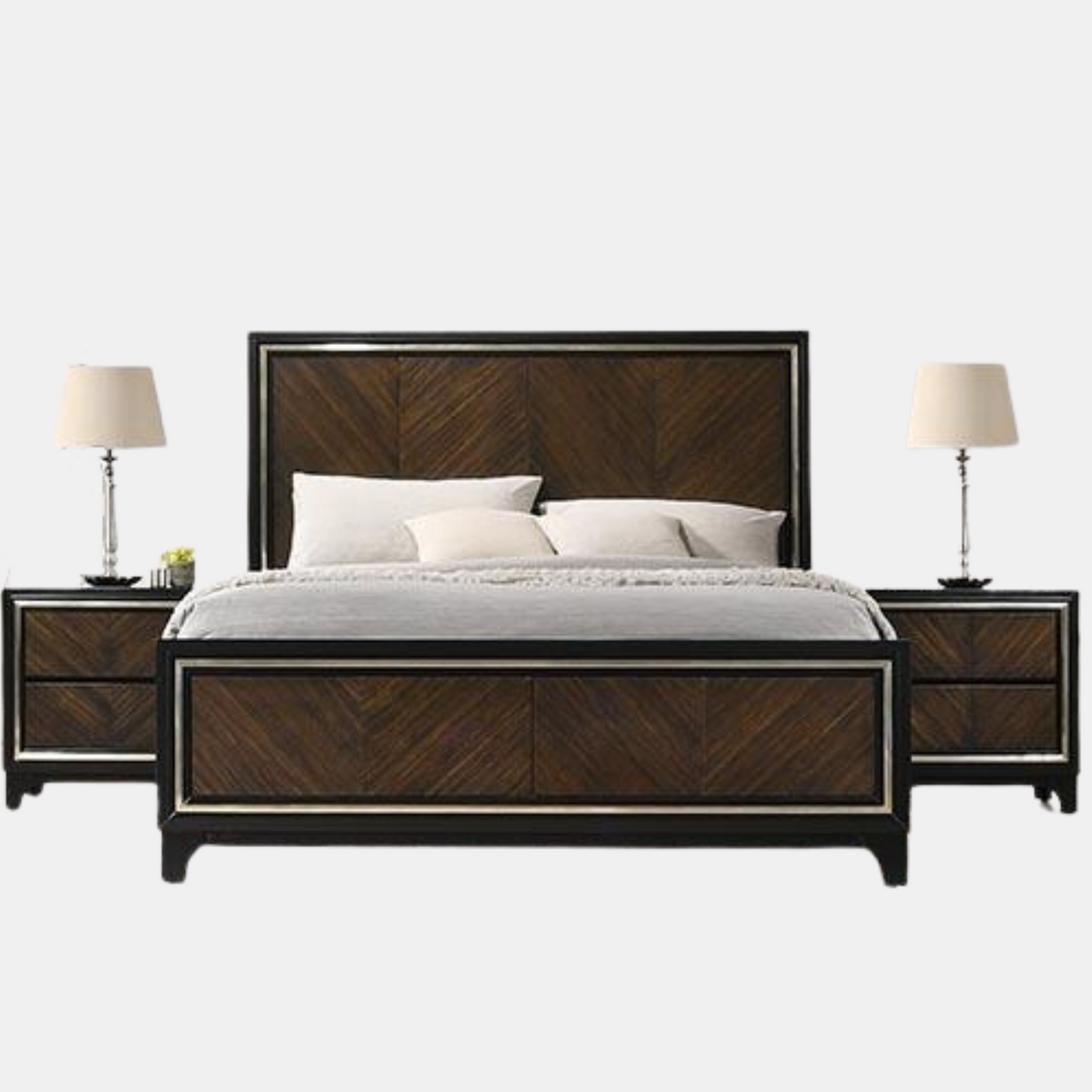 Modern oak veneer bedframe finished in a dark stain with black frame and silver edge highlights