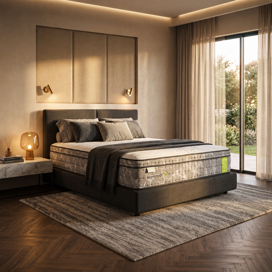 A luxury bed with a patterned mattress, dark upholstered frame, and matching pillows, styled in a modern, warm-toned bedroom with a gray rug, wooden floor, and large window view.