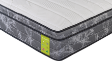 Load image into Gallery viewer, A mattress shown at an angle on a white background, featuring a white quilted top, a gray marbled side panel, and a lime green Elevate brand label.