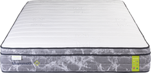 Load image into Gallery viewer, A high-end Mammoth mattress shown from a top-down angle, featuring a white quilted mattress topper with subtle embossed logo patterns, a gray and white marble-patterned base, and black piping.