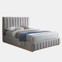 Load image into Gallery viewer, Ellie platniumn upholstered bedframe with natural timber feet