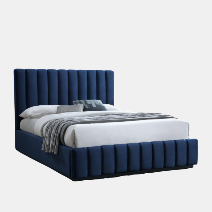 Ellie upholstered bed frame in Plush Indigo with black timber base
