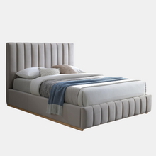 Load image into Gallery viewer, Modern bed frame in Plush Platinum with natural timber base