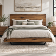 Load image into Gallery viewer, A modern wooden bed frame with a live-edge headboard and matching footboard, styled with neutral beige and sage green bedding, set in a bright, contemporary bedroom.