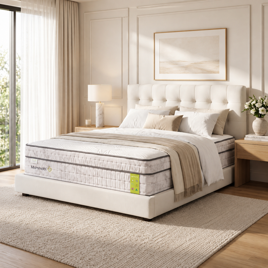 A bed with a white tufted headboard and a white mattress branded 'Mehndelian' is styled in a bright, modern bedroom with beige walls, a window, curtains, and a textured rug.