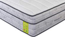 Load image into Gallery viewer, A Mammoth Skin Infinity mattress shown at an angle, featuring a white quilted top, gray quilted sides, a lime green 'Infinity' label, and a silver Mammoth Skin brand tag.