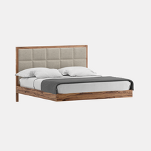 Load image into Gallery viewer, Marri timber floating bedframe with upholstered bedhead