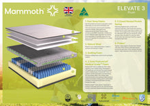 Load image into Gallery viewer, A product information poster for the Mammoth ELEVATE 3 Plush mattress, showing a cross-section of the mattress layers with numbered callouts and feature descriptions on a green background.