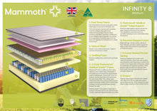 Load image into Gallery viewer, A product information sheet for the Mammoth Infinity 8 mattress, featuring a detailed cross-section diagram of the mattress layers on the left and descriptive text callouts on the right against a green background.