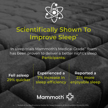 Load image into Gallery viewer, Promotional graphic for Mammoth's Medical Grade foam sleep product, featuring a dark quilted foam texture background with yellow and white text highlighting scientific sleep improvement claims and participant benefits.