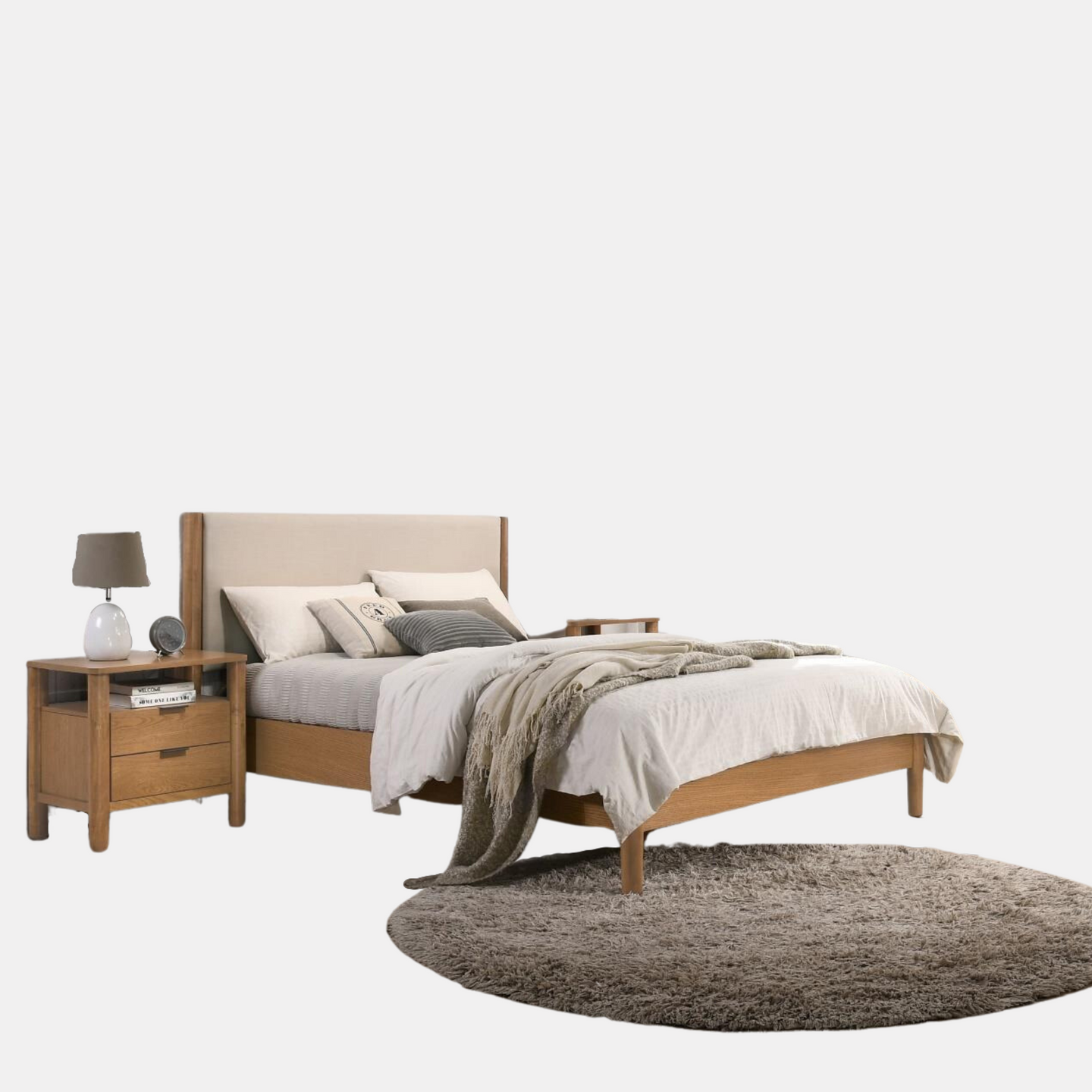 Miller bedframe - featuring an upholstered bedhead and oak timber finish