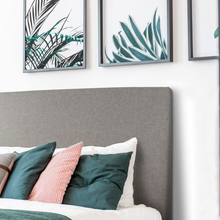 Load image into Gallery viewer, Nowra upholstered bedhead in light neutral fabric styled in bedroom setting
