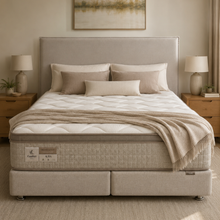 Load image into Gallery viewer, A fully made bed with a quilted mattress, matching pillows, and a beige throw blanket, set in a symmetrical, modern bedroom with two matching nightstands and lamps.