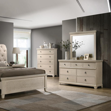 Load image into Gallery viewer, White timber bedframe with upholstered bedhead and cane feature foot