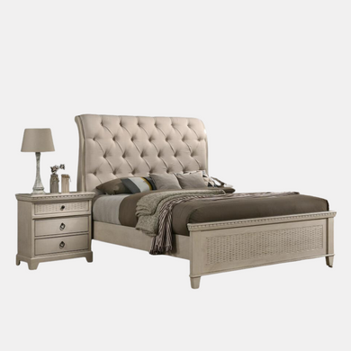 White timber bedframe with upholstered bedhead and cane feature foot