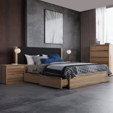 reiss 4 draw bedframe with upholstered and timber bedhead