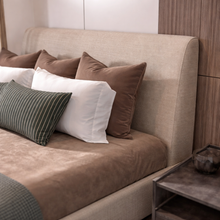 Load image into Gallery viewer, Lunar Linen fabric close-up showing warm beige textured upholstery