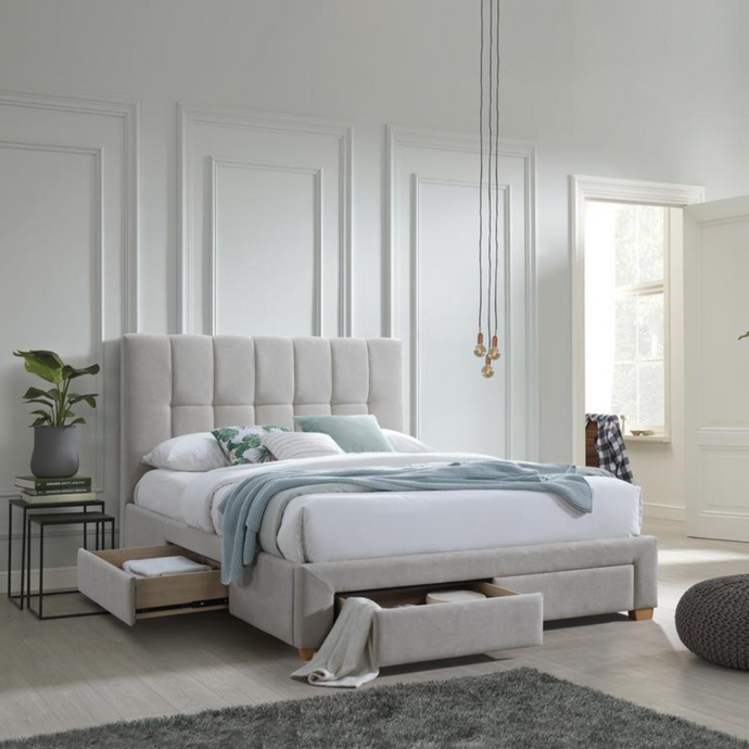 Contemporary upholstered bedframe with panelling on bedhead