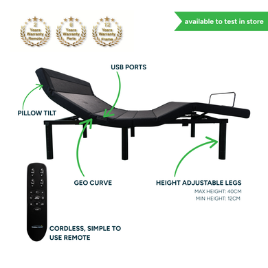 Adjustapedic 7.0 adjustable bed base highlighting pillow tilt, USB ports, Geo-Curve support, height-adjustable legs, and cordless remote — Sleepdoctor exclusive.