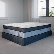 Load image into Gallery viewer, Angled view of Platinum Luxe Amalfi mattress in bedroom setting highlighting supportive design, edge support and breathable materials
