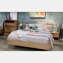 Load image into Gallery viewer, contemporary messmate and upholstered floating bedframe with LED lights in bedhead. bedside tables have one draw and an open shelf