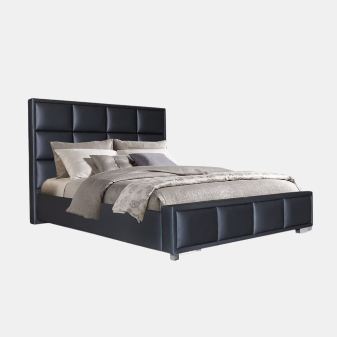 Australian made upholstered bed with square panels in bedhead and footend