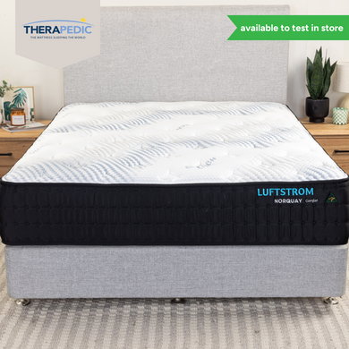 Luftstrom Norquay cooling mattress on display in a modern bedroom. Available to test in-store at Sleepdoctor Griffith