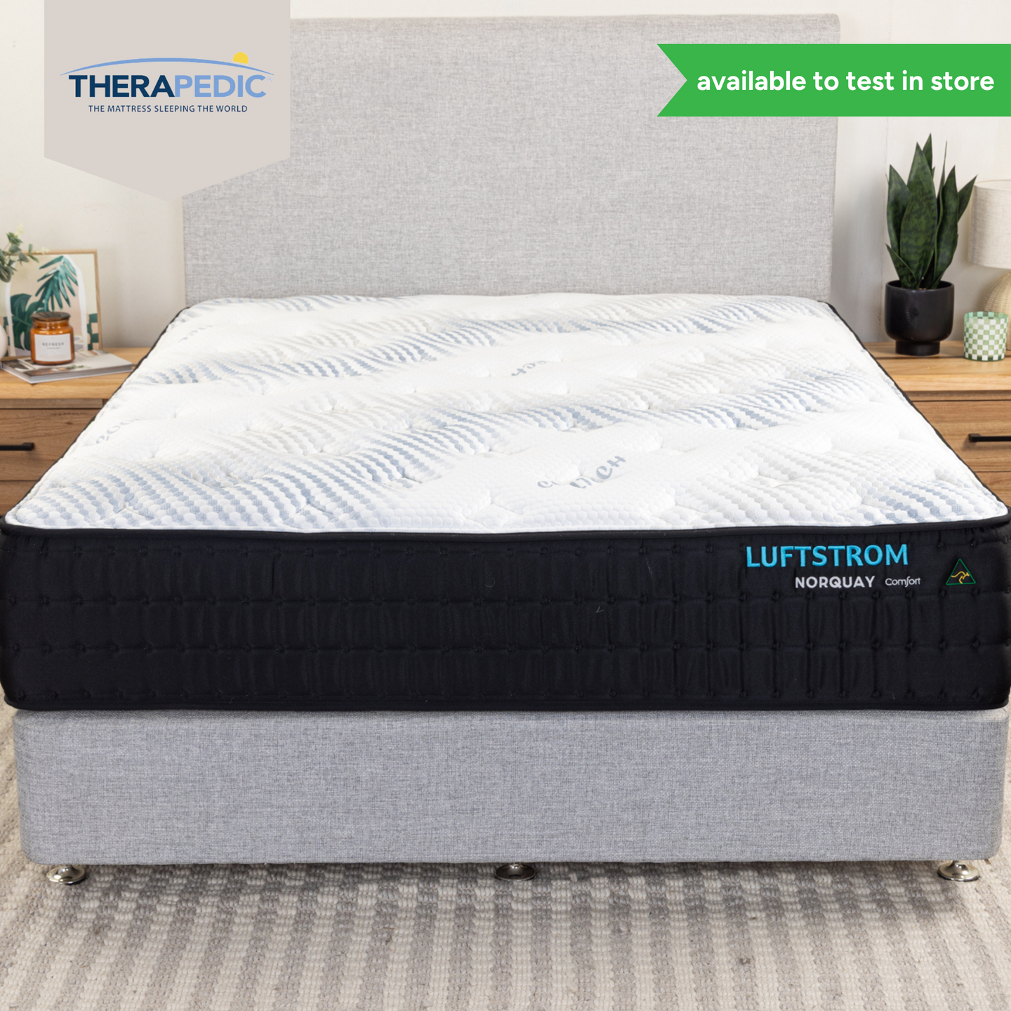 Luftstrom Norquay cooling mattress on display in a modern bedroom. Available to test in-store at Sleepdoctor Griffith