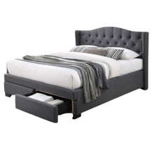 Load image into Gallery viewer, upholstered bedframe with wings and storage draws. Available in pearl grey or dark grey with headboard details