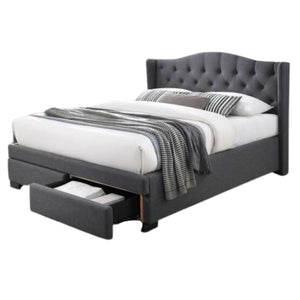 upholstered bedframe with wings and storage draws. Available in pearl grey or dark grey with headboard details