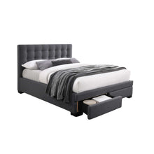 Load image into Gallery viewer, upholstered bedframe with storage draws. Available in pearl grey or dark grey with headboard details