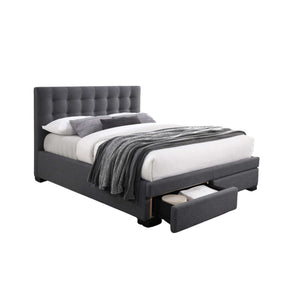 upholstered bedframe with storage draws. Available in pearl grey or dark grey with headboard details