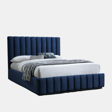 Load image into Gallery viewer, Ellie indigo upholstered bedframe with black timber feet