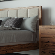 Load image into Gallery viewer, Jindi floating marri timber bedframe with upholstered bedhead shown with matching bedside