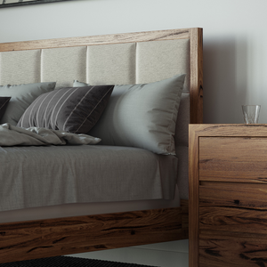 Jindi floating marri timber bedframe with upholstered bedhead shown with matching bedside