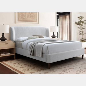 Wool bedframe - upholstered in cream boucle fabric with curved wings