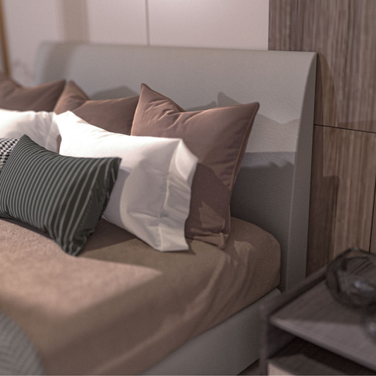 Tarlee fabric bedhead  with soft padded finish styled with layered bedding