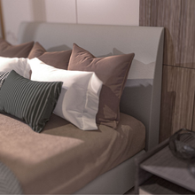 Load image into Gallery viewer, Tarlee fabric bedhead  with soft padded finish styled with layered bedding