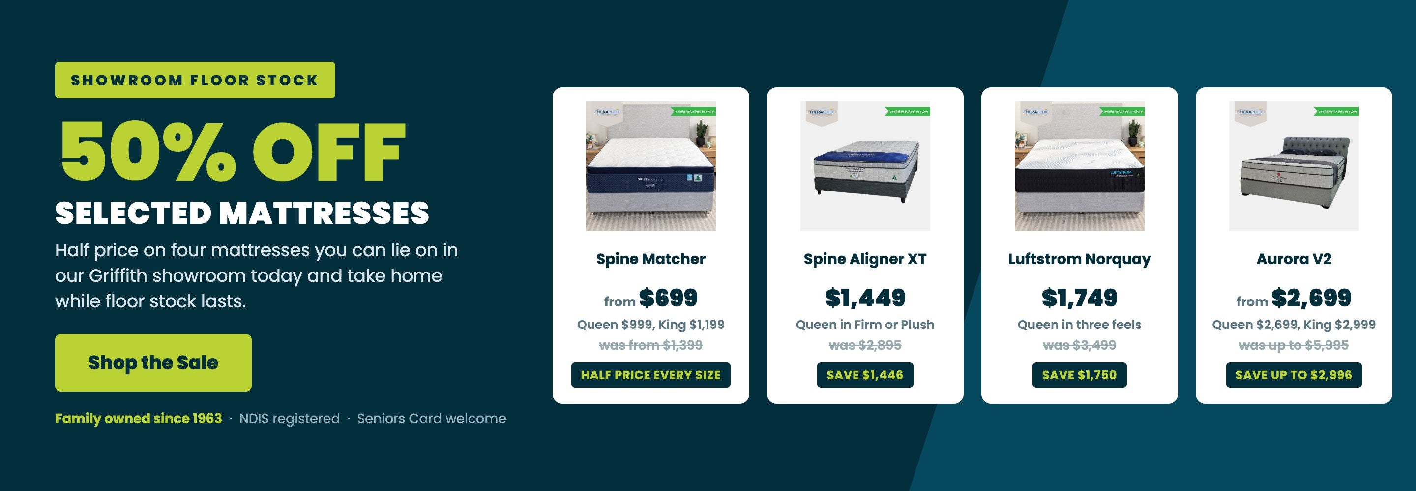 Showroom floor stock sale, 50% off selected mattresses at Sleepdoctor Griffith