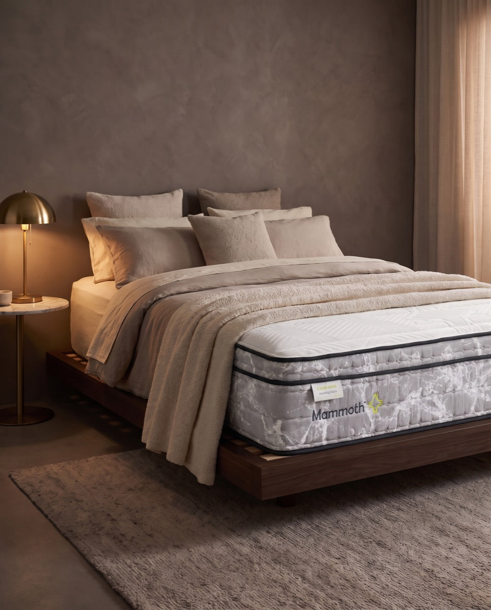A luxury bed with a patterned mattress, dark upholstered frame, and matching pillows, styled in a modern, warm-toned bedroom with a gray rug, wooden floor, and large window view.